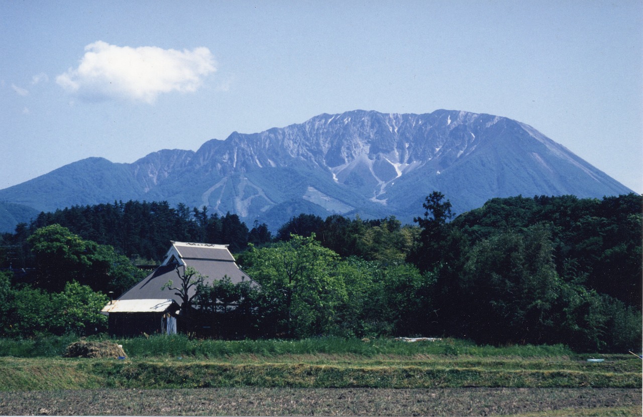 A mountain with late snow in its gullies, seen across farmland