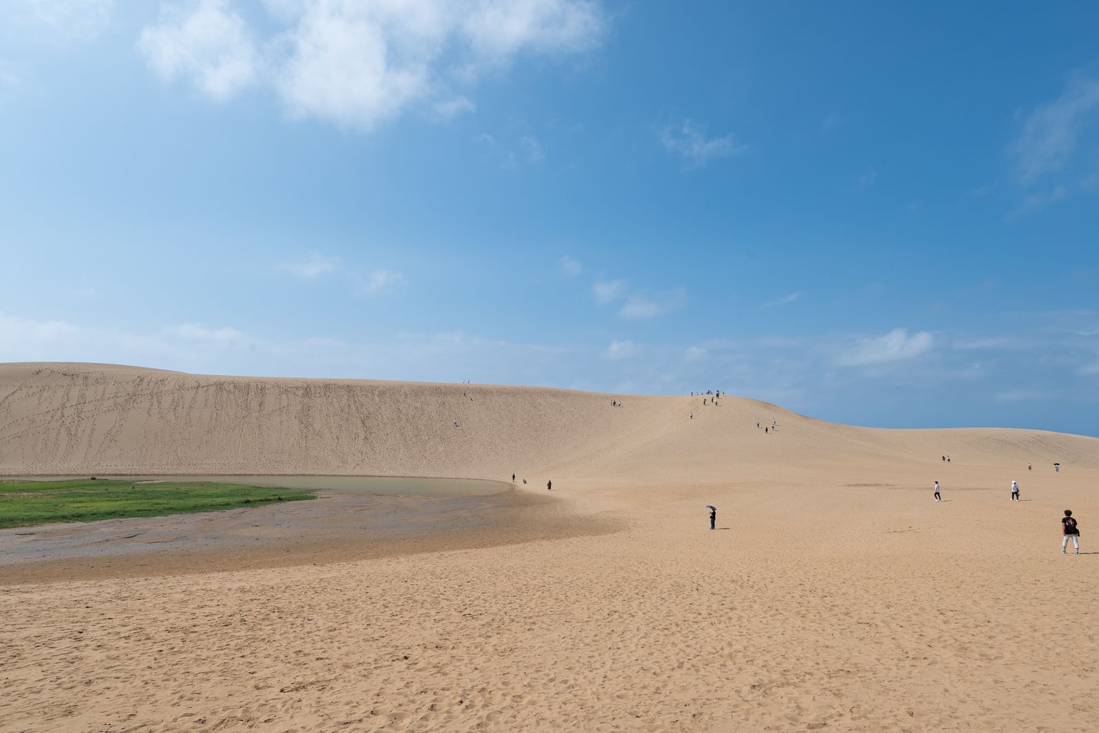 A high sand ridge with a shallow pond at its foot and small figures walking up it