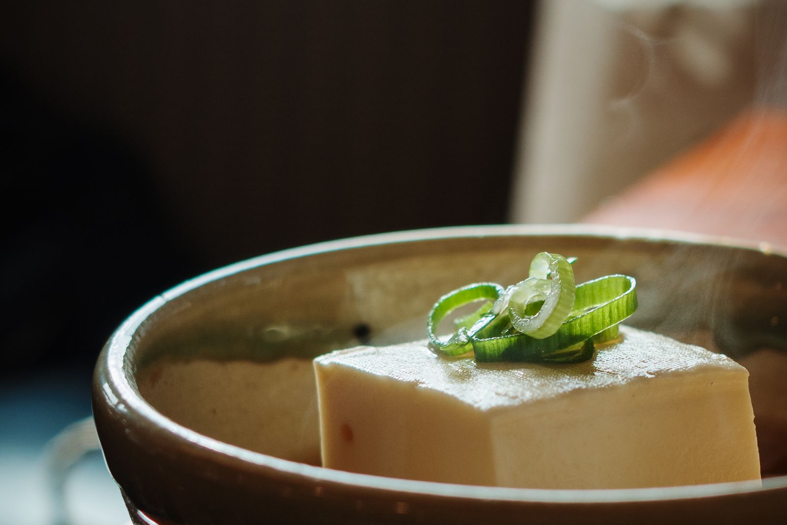A block of steaming tofu with chopped green onion in a rustic bowl, in Kyoto.