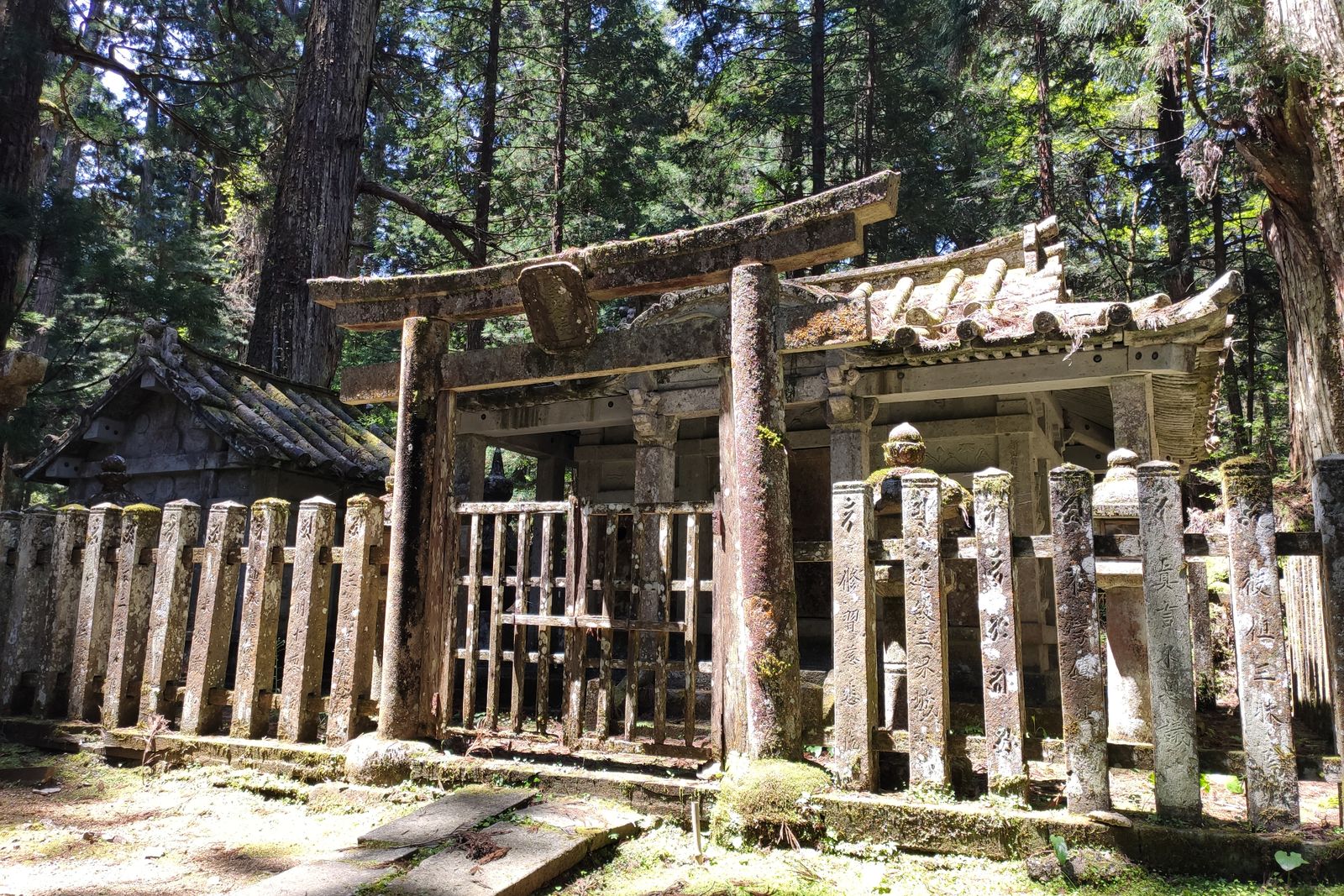 A mossy stone torii and a small stone mausoleum with a tiled roof behind inscribed stone posts, among tall cedars in sunlight